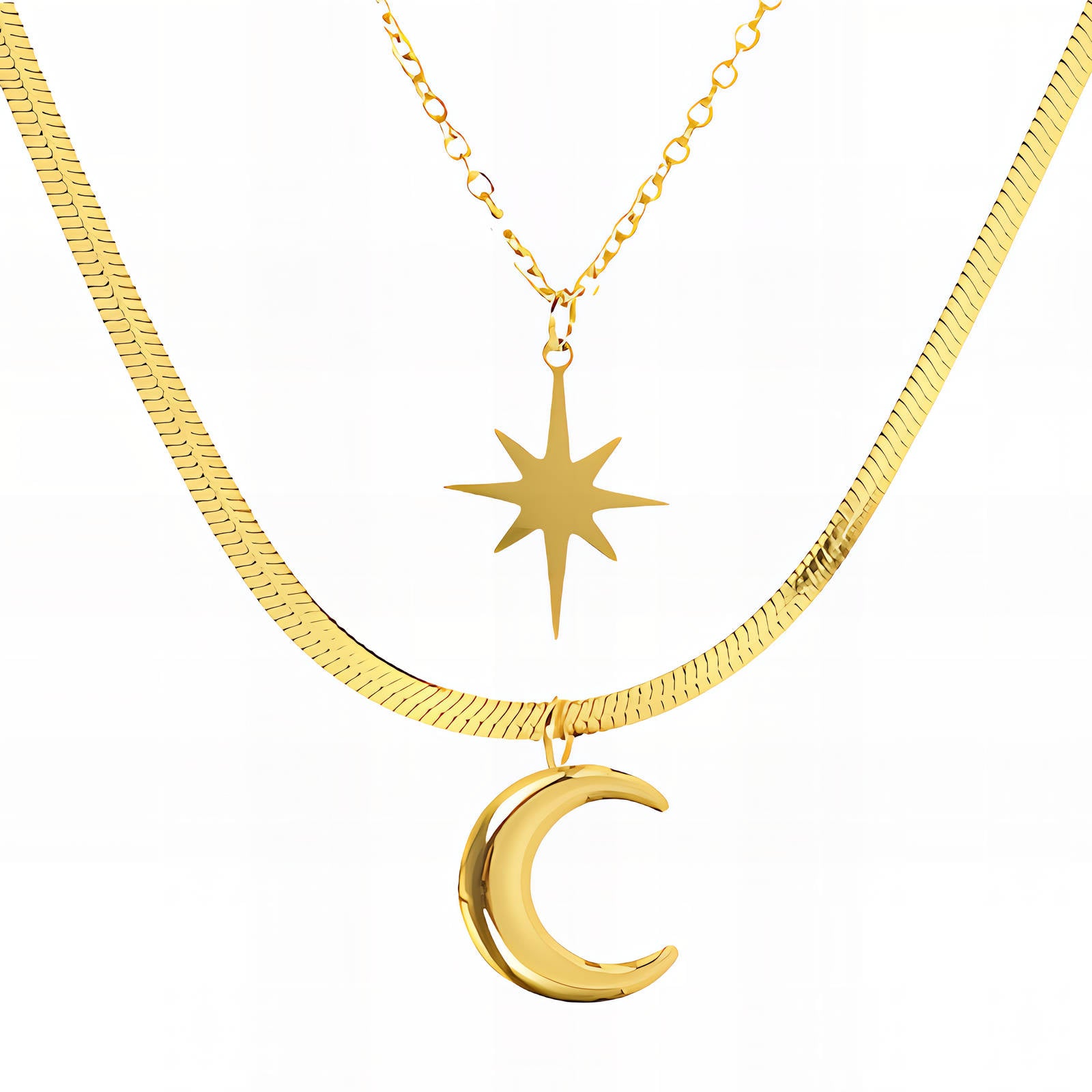 "Crescent and Star" Necklace, 18K Gold Plated Steel