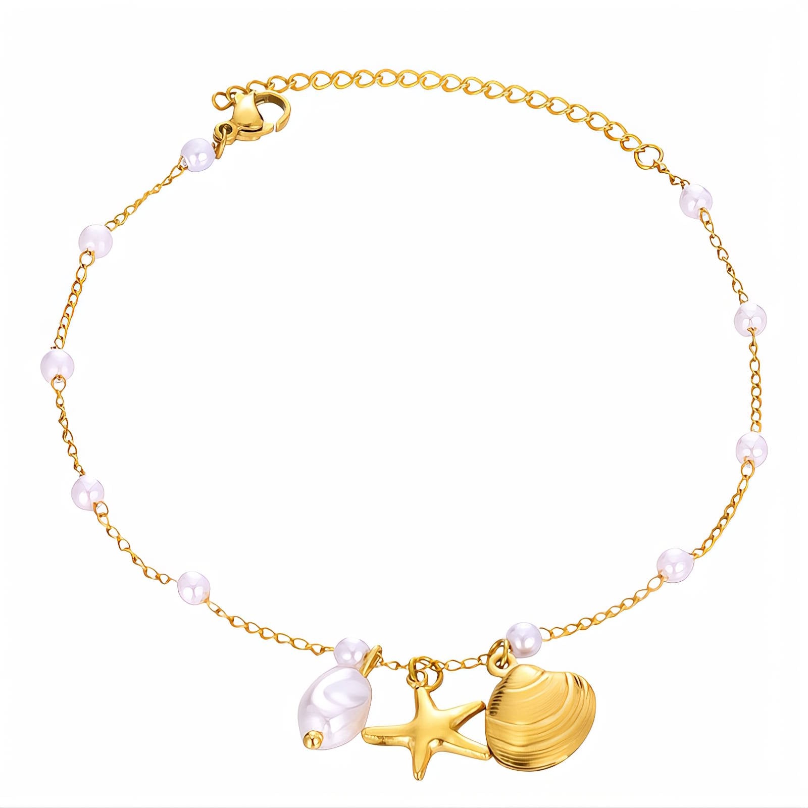 "Starfish and Shell" Anklet, 18K Gold Plated Steel